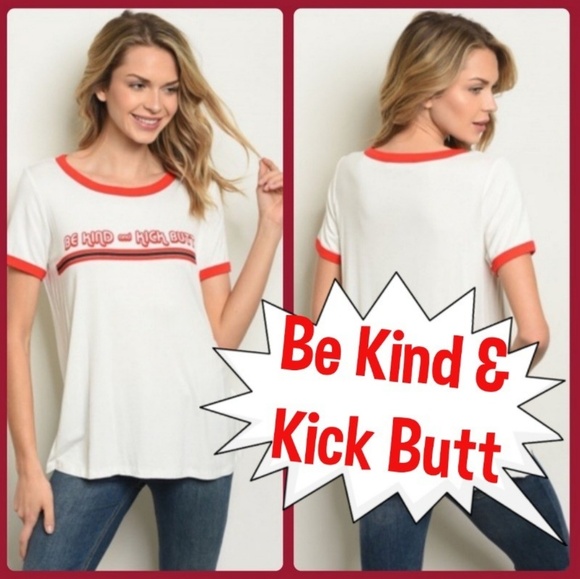 Tops - Retro Style Be Kind and Kick Butt White Ringer T